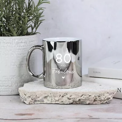 Engraved Shiny Silver Mug 80 & Fabulous Coffee Cup 80th Birthday Gifts For Her • £8.99