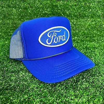 New Ford Royal Blue Cap Hat 5 Panel High Crown Trucker Snapback Vintage • $25.95