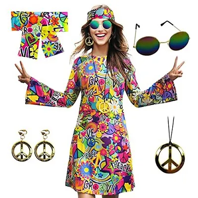 70s Hippie Dress Costumes Necklace Earrings Sunglass Women Disco Outfit 60s ... • $30.88