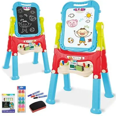 Kids Folding Double Sided Magnetic Drawing Board Easel With Colour Chalk Eraser • £29.99