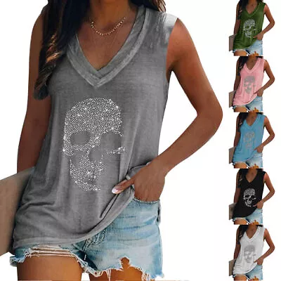 Womens Summer Skull Vest Tank Sleeveless Ladies T Shirt V Neck Tops Blouse • £3.59