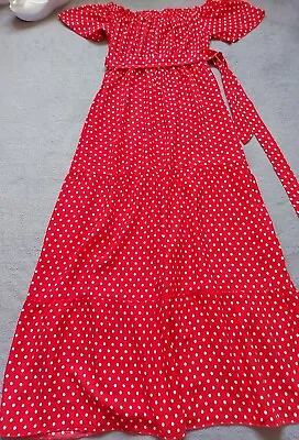 Classic Polka Dot Tiered Maxi Midi Floaty Summer Dress 👗  8 10 12  TALL ? • £14