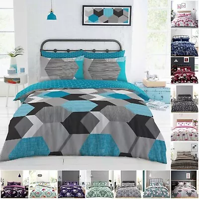 Reversible  Duvet Quilt Cover Bedding Set With Fitted Sheet Single Double King  • £17.99