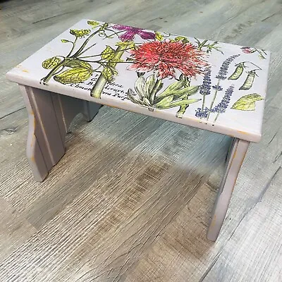 Vintage Repurposed Decorative Stool Bench Floral Faded Design 9” High Wooden  • $39.99