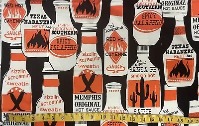 SMOKIN’ HOT SAUCE MICHAEL MILLER NOVELTY PRINT 100% COTTON FABRIC 25” Long OOP • $10