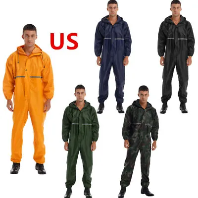 US Mens Jumpsuit Rain Suit One Piece Hooded Reflective Strip Waterproof Rainsuit • $33.24