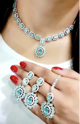 Bollywood Designer Indian Silver Plated AD CZ Necklace Jhumka Tikka Set • $20.46