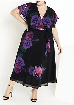 NEW City Chic Ladies Black Faux Wrap Tied Rose Maxi Dress Plus Size S 16 • $25