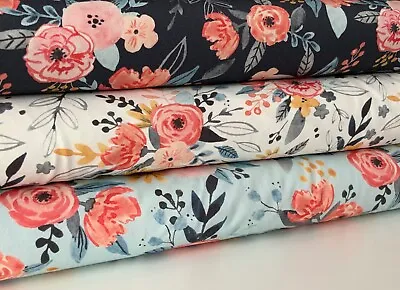 Watercolour Flowers Cotton Jersey Fabric 4 Way Knit Stretch Sold 1/2 And 1m • £6