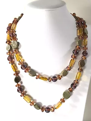 Vintage Yellow Amber Tone Glass Beaded Green Stones Long Necklace 40  Estate • $13.99