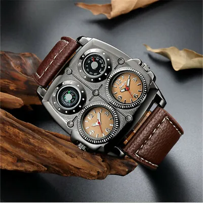 Oulm Mens Steampunk Watch Military Big Square Case Design Quartz Dual Time Zone • $17.09