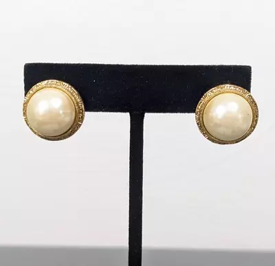 Vintage 1928 Faux Pearl Round Cabochon Halo Pierced Classic Earrings • $9.09