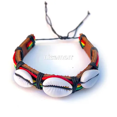 3 Rasta Shell Stripe Beaded Band Bracelet Wrist Bracelet Cuff Reggae Surfer IRIE • $10.99