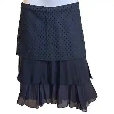 Morgane Le Fay Black Cotton Silk Blend Tiered Zide Zip Skirt Sz M • $115