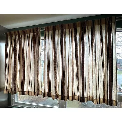 Vintage 1970s Pleated Curtain Beige And Brown Striped Woven Different Sizes • $60