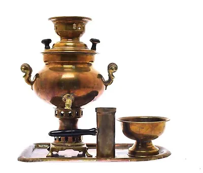 Vintage Russian Brass Samovar 4 Piece Set 12  Tall Tea Kettle Water Boiler • $145