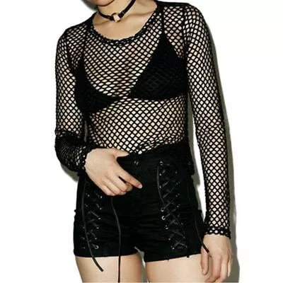 Womens Sexy Mesh Fishnet Long Sleeve Blouse Top T-shirt Bikini Fashion Cover Up • £4.49