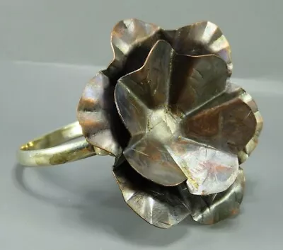 VTG TAXCO MEXICO Sterling Silver HOOKED BANGLE BRACELET Burnished Copper FLOWER • $44