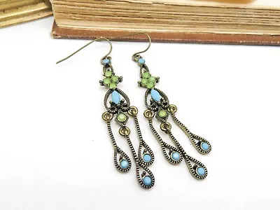 Vintage Antiqued Gold Green Turquoise Blue Rhinestone Boho Dangle Earrings A45 • $13.59