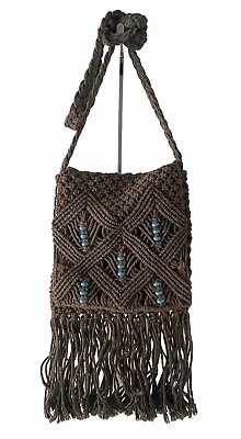 Macrame Beaded Crossbody Shoulder Bag Gray Boho Hippie Small • $22.50