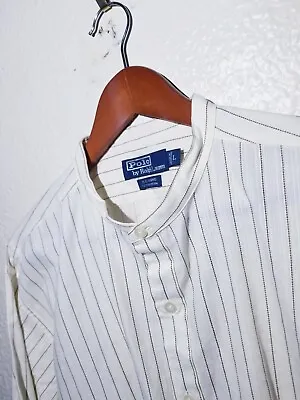 Vtg POLO Ralph Lauren Bernard Hickory Stripe Nehru Banded Collarless Shirt Men L • $179.95