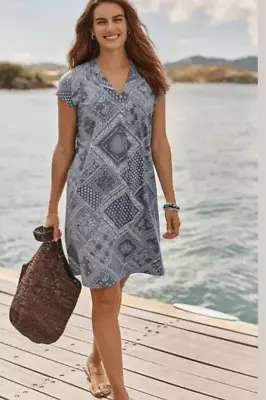 J Jill Bandana Paisley Print Short Sleeve T Shirt Dress Pockets Blue LARGE N-131 • $21