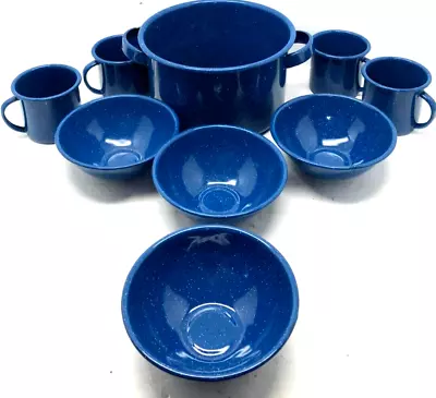 Lot Of 9 Blue Speckled Metal Enamel Graniteware Pot Bowls Mugs Dish Set Camping • $24.59