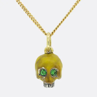 Gaetano Chiavetta Emerald Yellow Enamel Skull Pendant Necklace Silver & 9ct Gold • £525