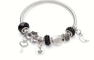  In The Style Of Pandora   Silver Look Charm Bracelet With Lovely Black Beads • £3.75