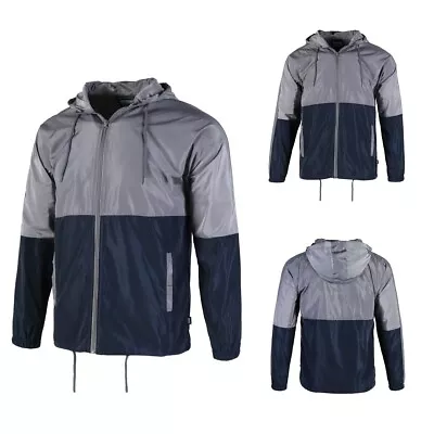Men's Hooded Full Zip Lightweight Windbreaker Outwear Sports Jacket Grey Navy • $22.94
