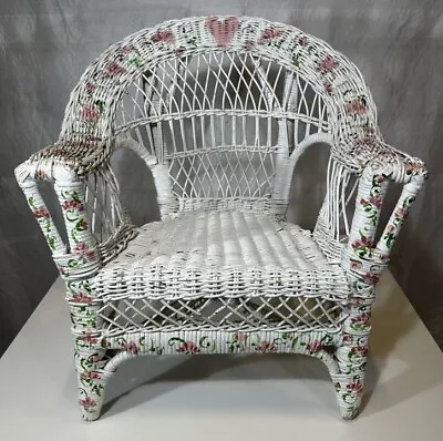 Vintage White Wicker Chair Rocker 21” Tall For Child Or Doll Floral Pattern • $20