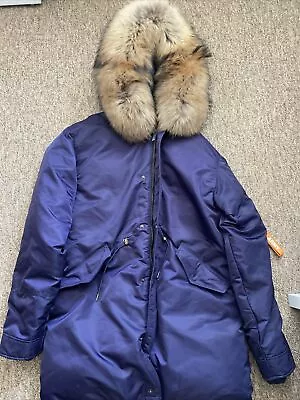 Arctic Army Men’s Parka Navy Blue Medium Real Finn Raccoon Fur Hood Coat • £350