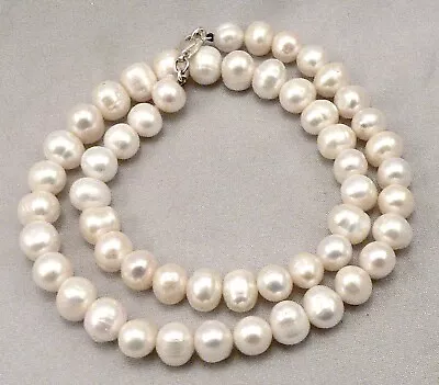 Vintage STERLING Silver 9mm-11mm Freshwater Cultured Pearl Beaded Necklace 19  • $40