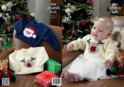 KING COLE Xmas Knitting Pattern BABY Rudolph Father Christmas Jumper DK  3804 • £4.47