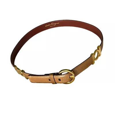 Salvatore Ferragamo Belt Brown Leather Italy Gold Tone Hardware 31-33 Inch Waist • $234.22