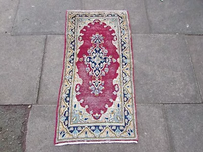 Vintage Worn Traditional Hand Made Oriental Red Wool Small Rug 110x54cm • £55