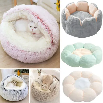 Round Plush Kitten Pet Dog Cat Bed Cave Hooded House Cat Warm Sleeping Nest Bed • £10.95