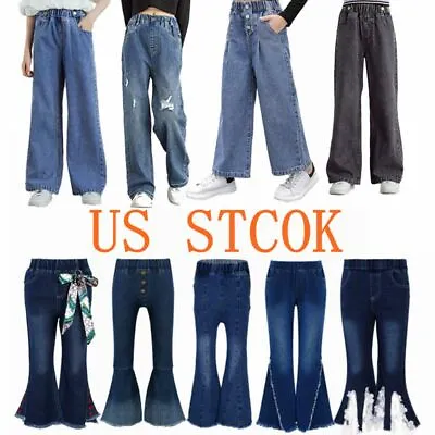 $15.09 • Buy US Kids Girls Jeans High Waist Bell Bottom Denim Flared Pants Casual Trousers