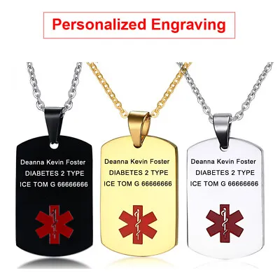 Personalized Engraving Necklace Medical Alert ID Dog Tag Pendant Stainless Steel • £7.67