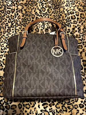 Michael Kors Signature Jet Set Brown Leather Zip Top Tote Shoulder Handbag • $75