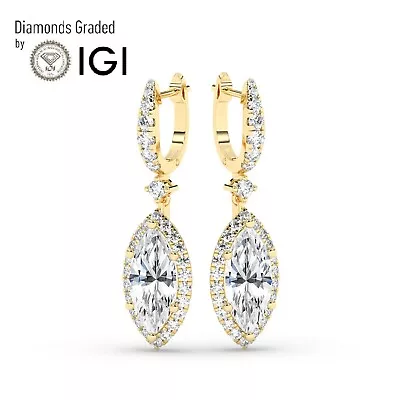 Marquise 6 Ct Solitaire Halo 18K Yellow Gold Hoops EarringsLab-grown IGI • $5330