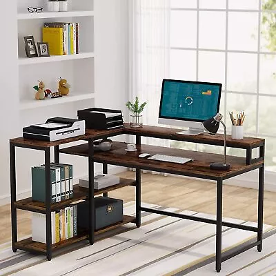 Wood Corner L-Shaped Computer Desk With Monitor Stand Storage Shelf Reversible • $181.98