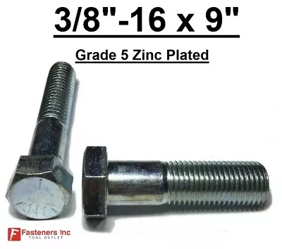 3/8-16 X 9  (PT) Hex Bolt Zinc Plated Grade 5 Cap Screw Coarse Thread • $12.26