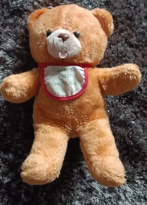 Vintage 80s Teddy Bear Babys First Christmas Bib Beige  Plush Soft Toy • £25