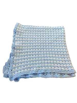 Pastel Blue White Strips Crochet Baby Afghan / Blanket  Granny Made • $28.04