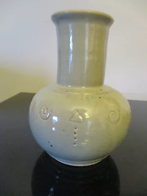 Vintage MidCentury Modern MCM Modernist Celadon Incised Art Pottery Vase Signed! • $49.99