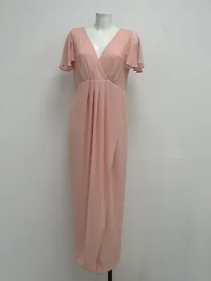 Ex TFNC Maternity Bridesmaid Chiffon Wrap Front Maxi Dress Flutter Sleeve Size10 • £19.99
