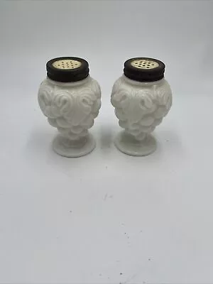 Set Of Vintage Milk Glass Salt & Pepper Shakers. Grapes & Leaves Design. 4” Tall • $14.59