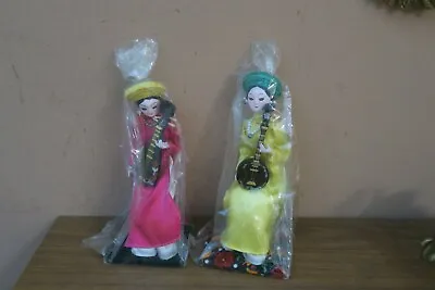 Set Of 2 NEW Vietnamese Doll Hand Made Girl / Zither Musical Handmade Signed 11  • $100