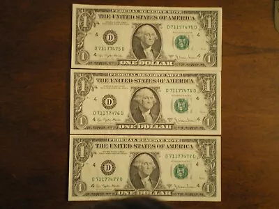 3 Consecutive 1977 One Dollar Bills $1 UNCIRCULATED D71177475D 76 77 • $4.34